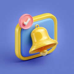 Trending 3D Isometric, Cartoon Illustration. Bright Notification Icon. The Golden Bell Rings with a New Reminder Notification. Vector Icons for Website