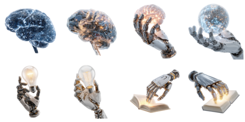 Robot arm with brain and idea object png mockup in 3d without background for decoration.