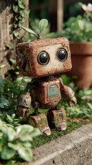 Obraz premium Rusty little robot amidst greenery