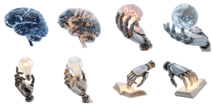 Robot arm with brain and idea object png mockup in 3d without background for decoration.