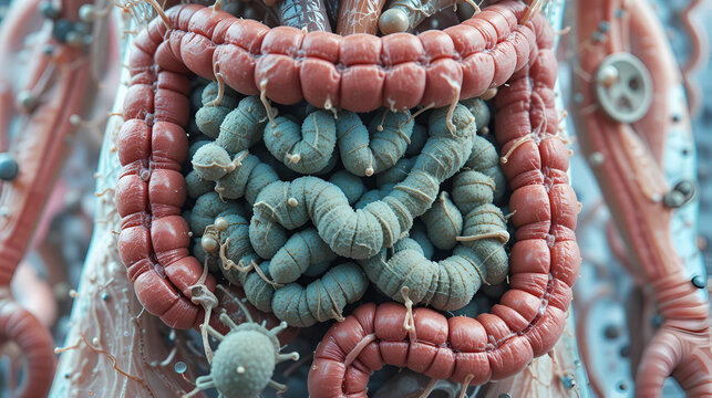 Human intestines, mucous membrane, intestinal villi under a microscope 3D illustration