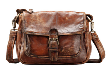 Vintage distressed brown leather messenger bag with buckle isolated on transparent background