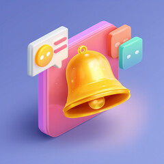 Trending 3D Isometric, Cartoon Illustration. Bright Notification Icon. The Golden Bell Rings with a New Reminder Notification. Vector Icons for Website
