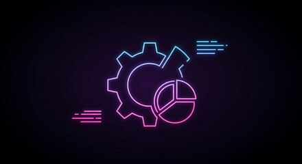 Dynamic gear and pie chart icon with neon glow conveys data analysis and operational efficiency in a modern technological setting