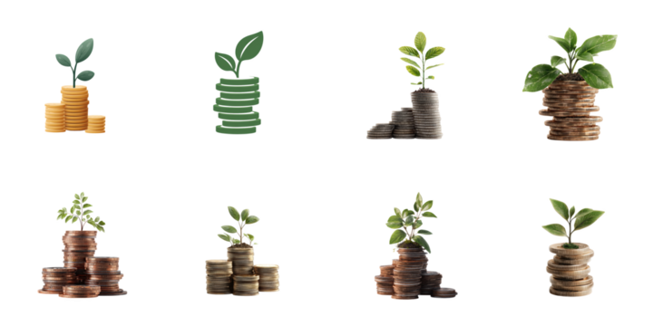 Growth stack coins and tree die cut no bg png for finance and interest decoration purpose.