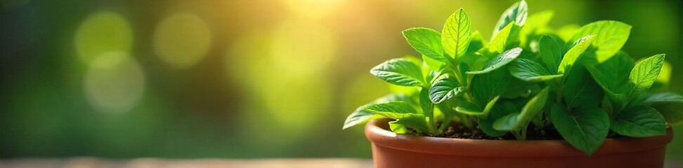 Lush green plant thriving in a terracotta pot, vibrant leaves reaching for sunlight, healthy growth, strong stems Perfect for spring, summer, gardening, and nature themes , vibrant, summer