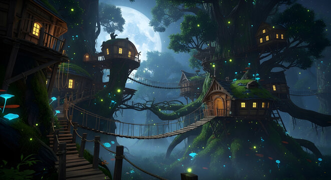 Magical Treehouse Village at Night with Glowing Lights and Moon | Fantasy Forest Scene for Children's Books, Video Games and Imaginative Concepts