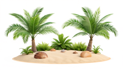 A vibrant tropical island scene featuring palm trees lush greenery seashells and sandy beach isolated on transparent background.
