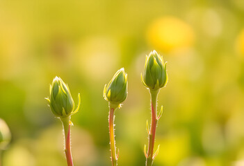 Three green flower buds stand tall, bathed in warm sunlight, against a blurred yellow and green background.
