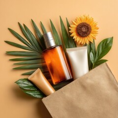 Amber bottle, tubes, sunflower, palm leaves in brown paper bag on beige