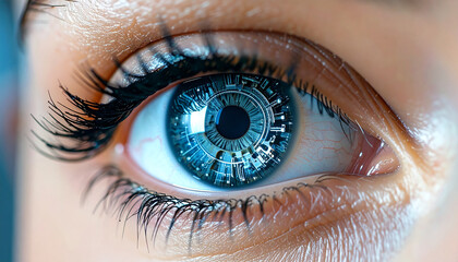 Fototapeta premium Cyber Eye: A detailed close-up of a mesmerizing cyborg eye, showcasing intricate technological circuits and a vibrant, futuristic aesthetic.