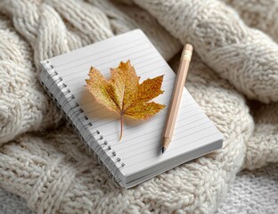 Autumnal scene notepad, pencil, leaf on knitwear