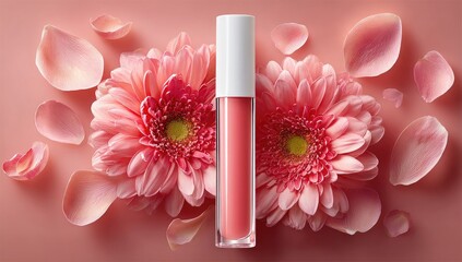Pink lip gloss displayed between two pink flowers and petals on a pink background