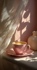 Pink teacup on a saucer bathed in sunlight, near a sheer curtain and vase