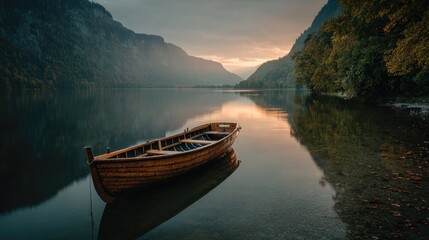 Serene lake scene at dawn, wooden boat reflecting