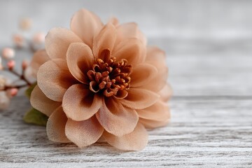 Close-up of a light brown artificial flower on a rustic wooden surface
