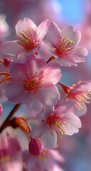 Delicate pink blossoms cluster on a branch, backlit by soft sunlight