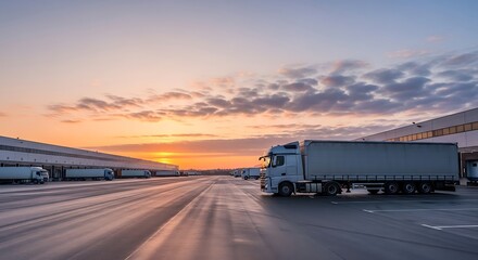 A semi-truck parked at a large distribution center warehouse during a vibrant sunrise.