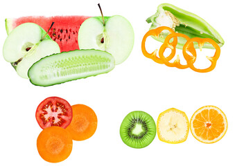 variety of sliced fruits and vegetables arranged together