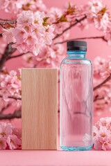 Light blue bottle and wood block amidst pink cherry blossoms