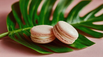 Two pink macarons on a green leaf against a pink background