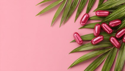 Pink background, vibrant green palm leaves, and scattered glossy red capsules