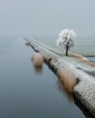 Frosty tree beside a canal, tranquil winter scene