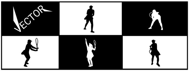 Collection of silhouettes of women playing tennis. White and black background.
