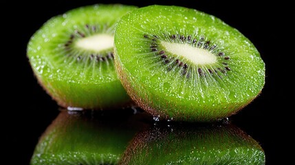Two juicy kiwi slices, glistening, rest on a reflective black surface