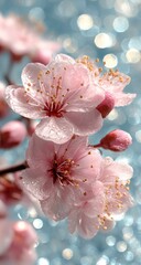Close-up of delicate pink blossoms, glistening with moisture, set against a soft-focus, light-blue bokeh background