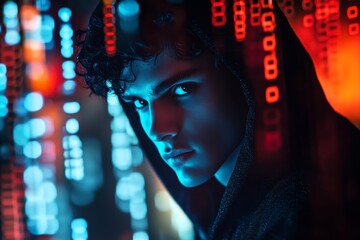 A hooded figure with shadowy features, blending seamlessly into the background of digital code and binary numbers