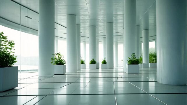 Spacious modern office lobby interior with glossy tiled floor, white columns, and potted green plants in daylight