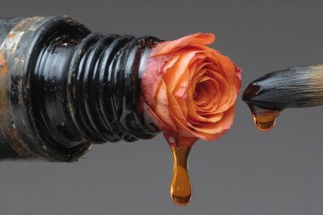 Rose dipped in dark liquid, dripping
