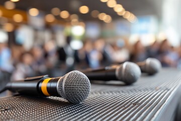 Obraz premium Press conference desk surface in sharp detail with blurred journalists in the background, symbolizing media and communication.