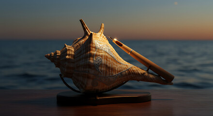Elegant conch shell with ornate silver detailing and a pen poised for writing against a serene ocean sunset