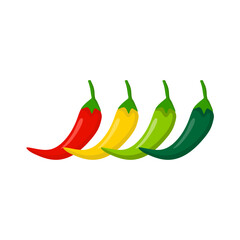 Hot chili peppers, jalapeno vegetables, cayenne pepper red, green, yellow colors isolated on white background. Vector illustration