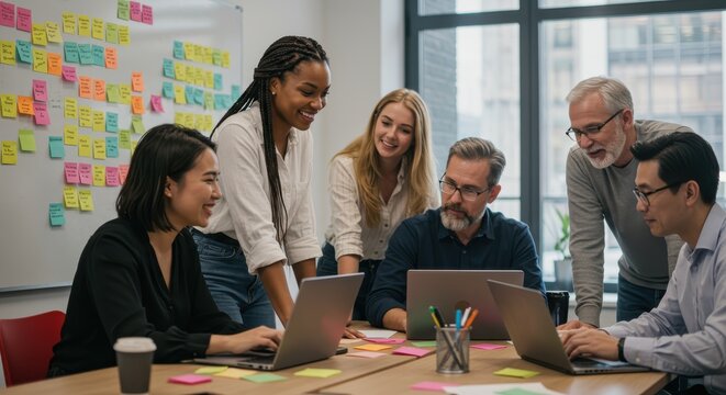 Diverse team collaboratively working on laptops in a modern office setting, showcasing a productive and engaged atmosphere.