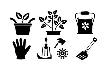 Gardening tools and plants vector icon set