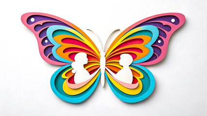 Obraz premium Colorful paper cut butterfly with human silhouettes inside wings