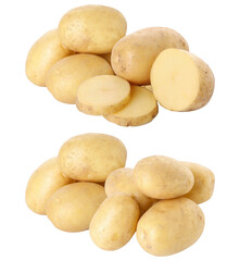 pile of raw potatoes, whole and sliced, against black