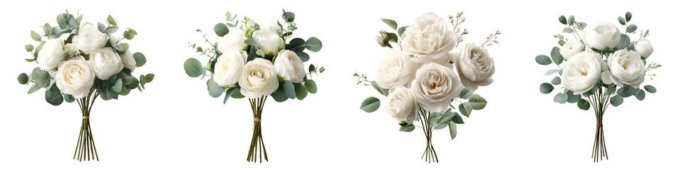 Fototapeta premium Elegant White Rose Bouquets with Eucalyptus on White Background