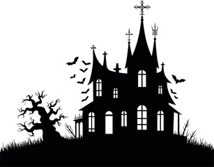 Spooky gothic haunted mansion silhouette with bats and twisted tree on grassy hill for halloween vector