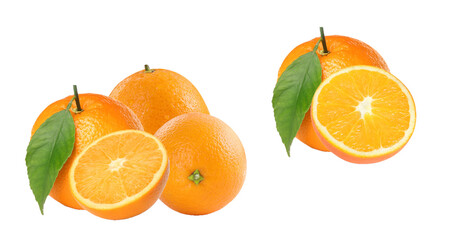 collection of fresh, healthy oranges with green leaves