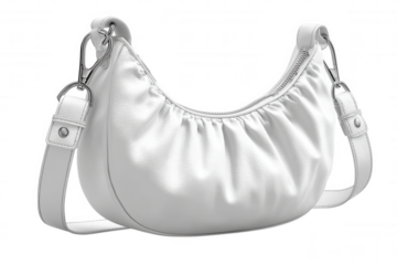 Stylish white leather ruched shoulder bag with silver hardware isolated on transparent background