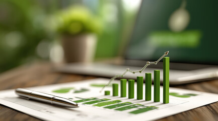 Three-dimensional green bar chart demonstrates consistent upward business growth trajectory effectively.
