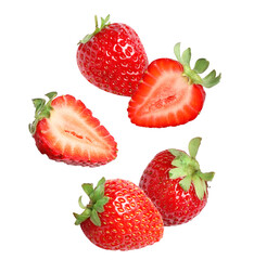 fresh strawberries, halved and whole, scattered across a transparent background