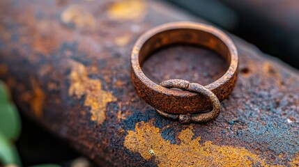 Fototapeta premium Vintage iron ring on heavily rusted metal sheet, rich textures and earthy tones