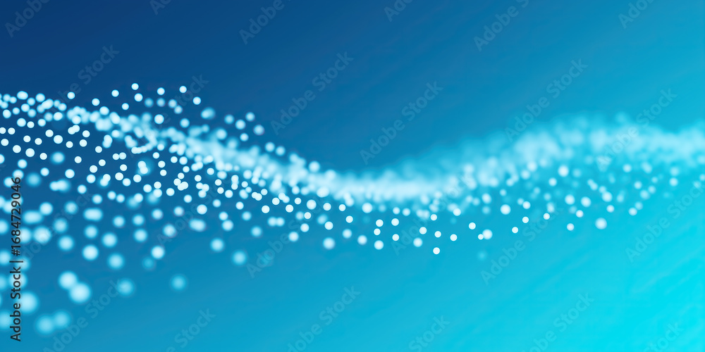 Poster flowing blue particles create dynamic digital network representing advanced technological connectivi