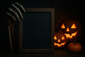 Halloween background with spooky skeleton hand holding empty chalkboard and glowing jack o lantern pumpkin in dark room for eerie festive decoration