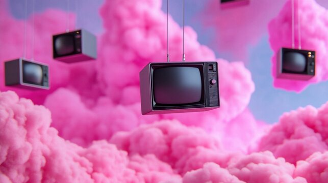 Vintage TVs suspended from invisible wires, scattered across a heavenly pink cloudscape